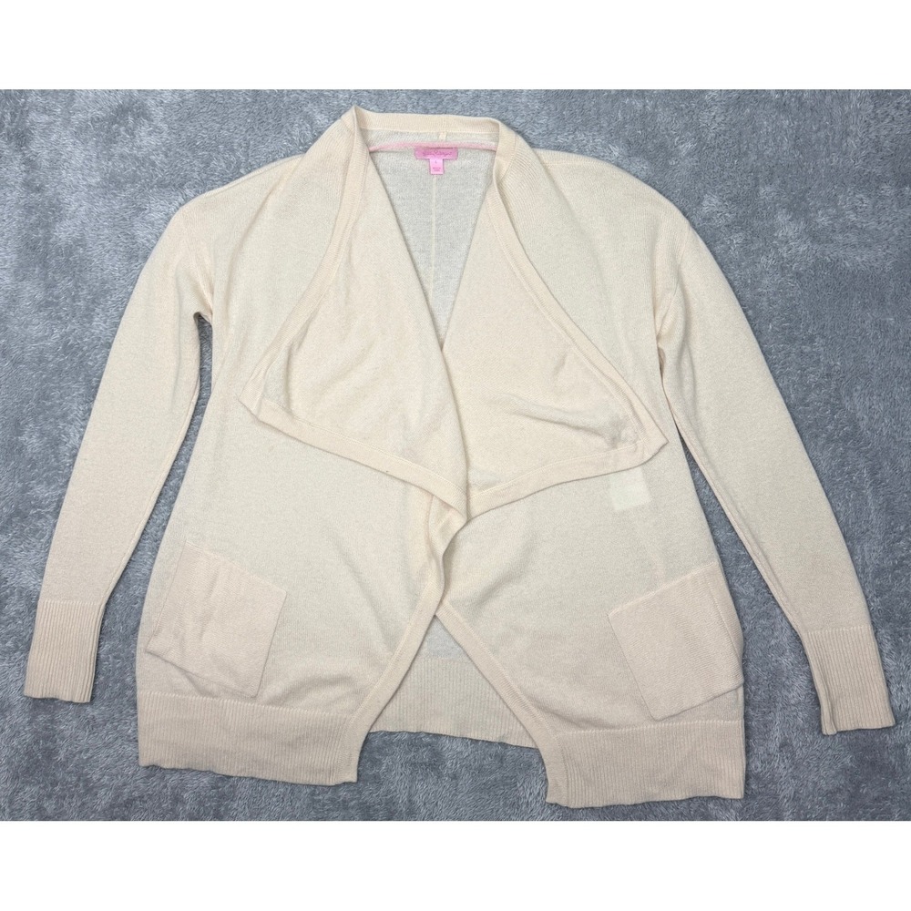Lilly Pulitzer Sweater Cardigan Womens Large L Cream 100% Cashmere Open Pockets